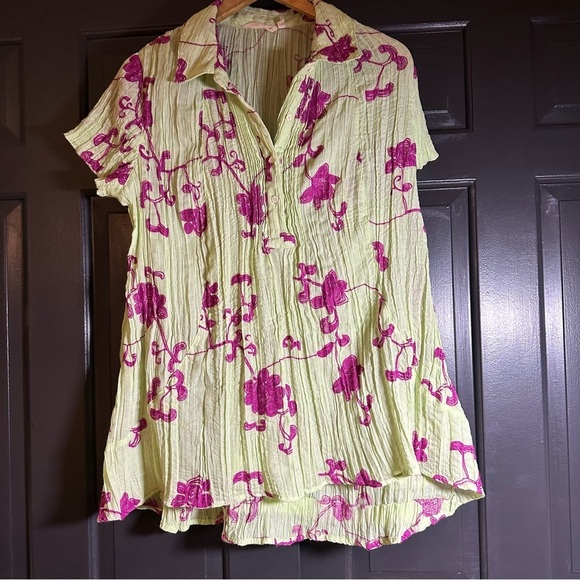 Soft Surroundings Shirt Mint Gauze w/Magenta Embroidery Pleated M (f6 - Picture 2 of 10